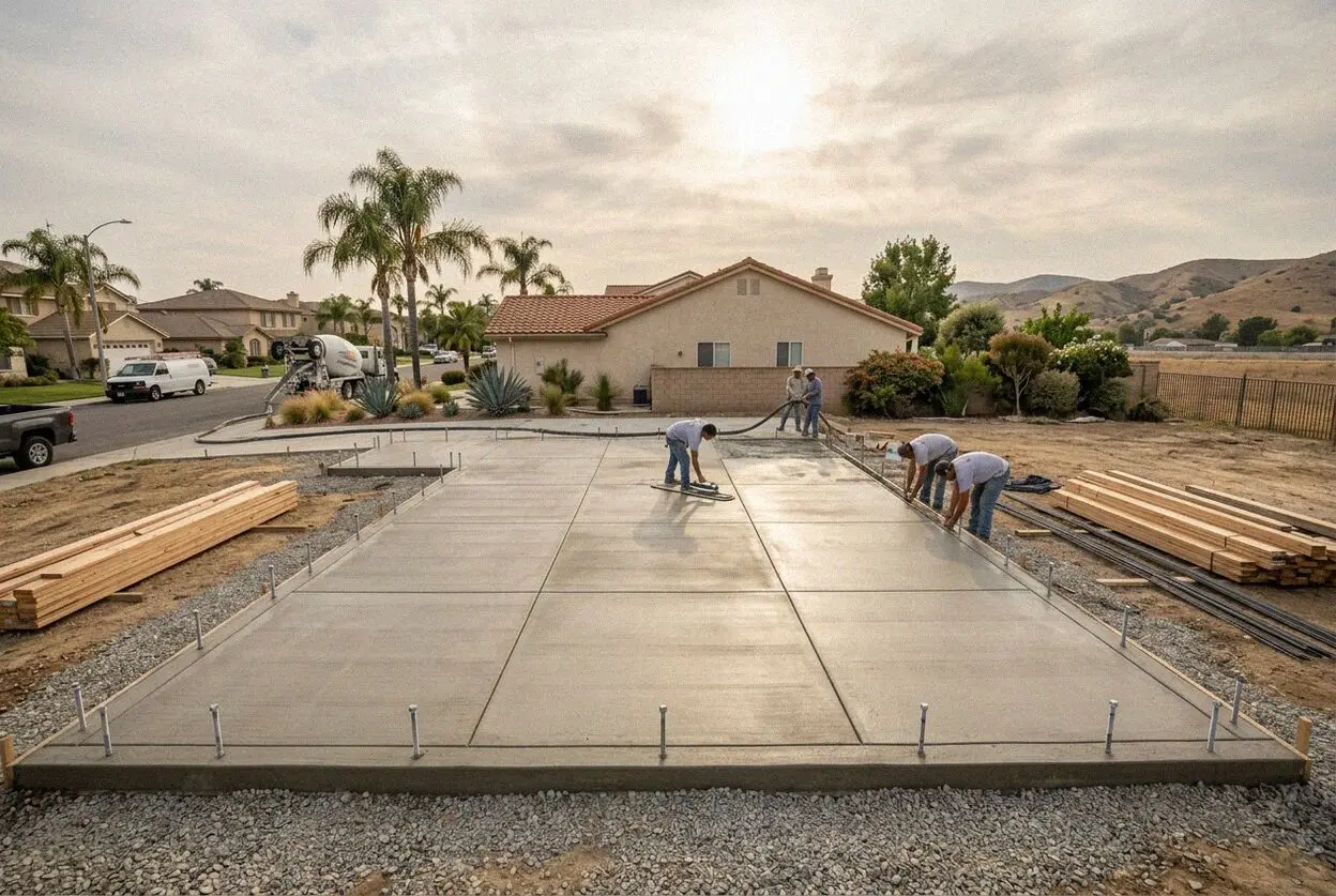 Crew placing a slab foundation for a backyard unit in Costa Mesa, CA