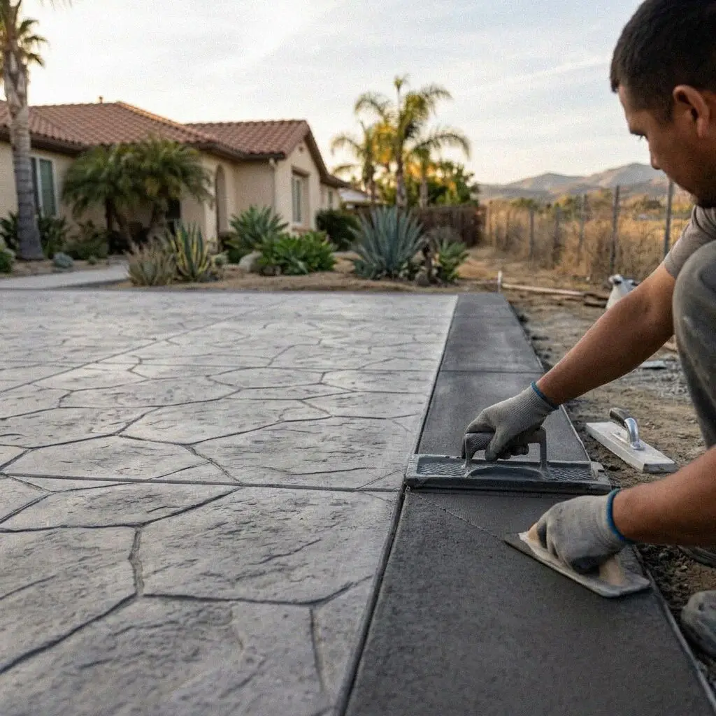Hands setting a texture mat on colored fresh concrete in Costa Mesa