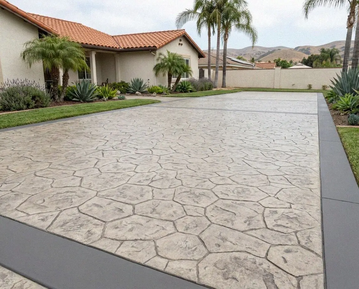 Finished stamped concrete patio in a flagstone pattern in Costa Mesa