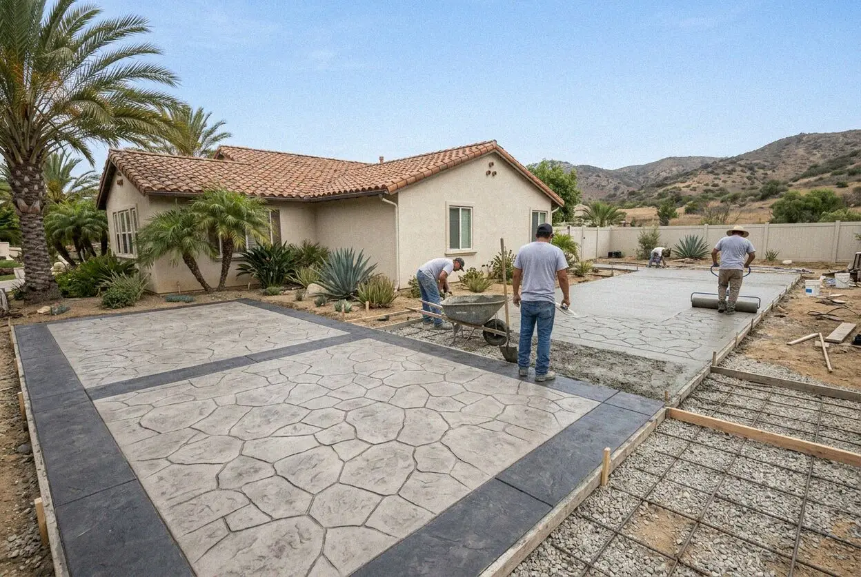 Crew pressing a flagstone pattern into a fresh patio slab in Costa Mesa